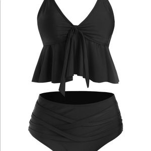 Knot Front Skirted High Waisted Tankini Swimsuit